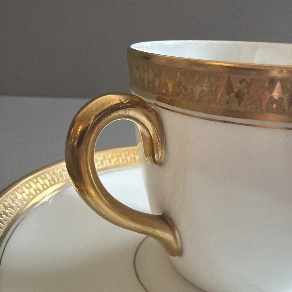 Art Deco TK Thuny Czechoslovakia Porcelain Demitasse Cup & Saucer White w/ Gold